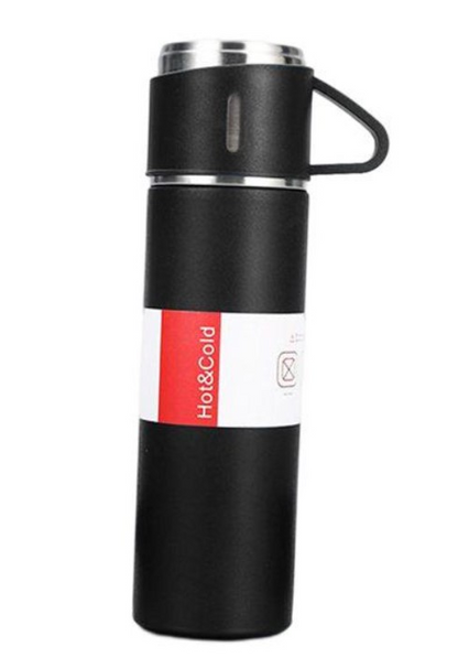Stainless Steel and Vacuum Flask Bottle - Black (Set of 3 Cups)