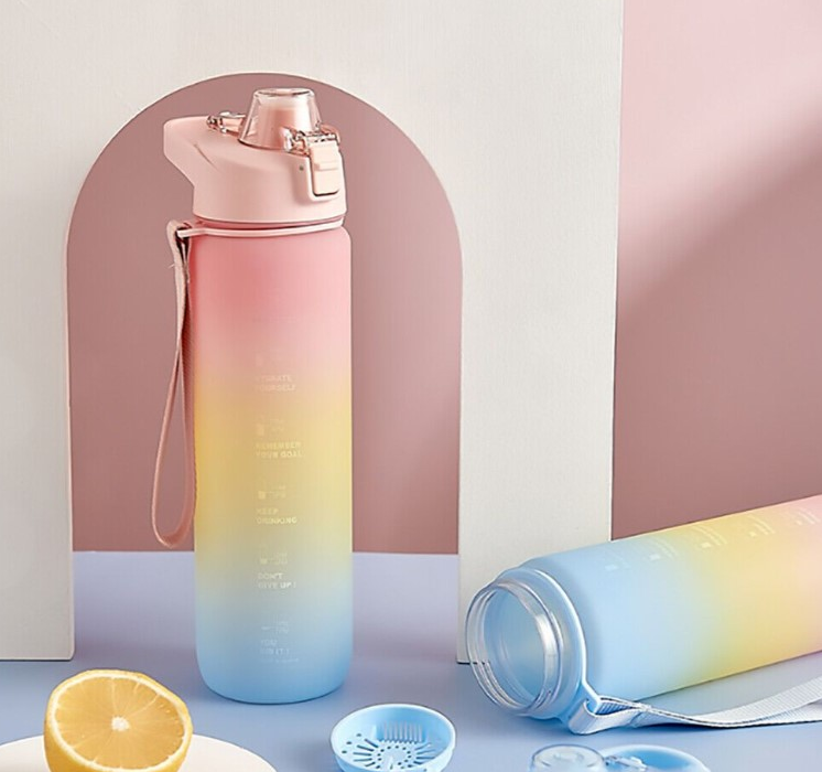 1L Motivational Water Bottle With Straw - Colours - Blue / Pink / Purple